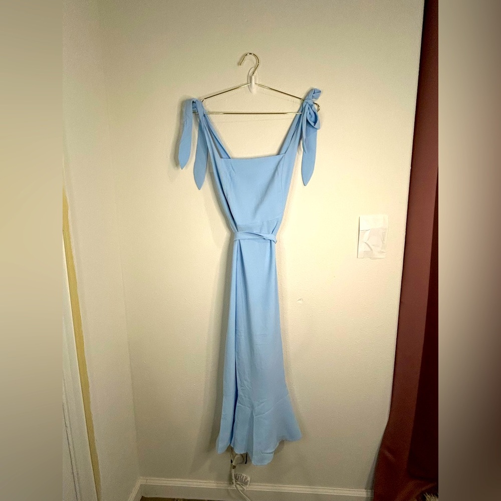 Anrabess Light Blue Tie-Shoulder Maxi Dress Small Smocked Back, Flowy Feminine